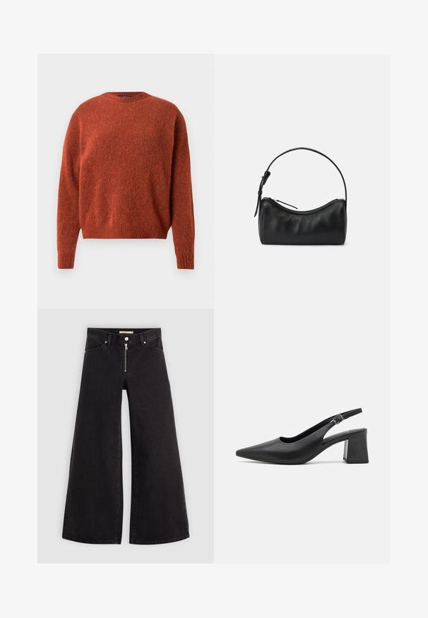 Pulóver z pleteniny v hrdzavohnedej farbe s okrúhlym výstrihom a rebrovanými manžetami. Tkanina má jemný, textúrovaný vzhľad. Žiadne viditeľné kovové súčasti ani vzory.; Dlhé nohavice vo voľnom strihu z čierneho denimu so zipsom vpredu, päť vrecúškovým dizajnom a jemnými stehovými detailmi. Hladká textúra a neformálny štýl.; Čierna kožená sandálová topánka na opätku s vyvýšeným špičatým prstom a robustným blokovým opätkom. Obsahuje nastaviteľný remienok s kovovou prackou.; Čierna kožená ramenná taška s zakriveným dizajnom, zipsovým zapínaním a štíhlym popruhom. Vyznačuje sa hladkou textúrou a jemnými detailmi šitia.