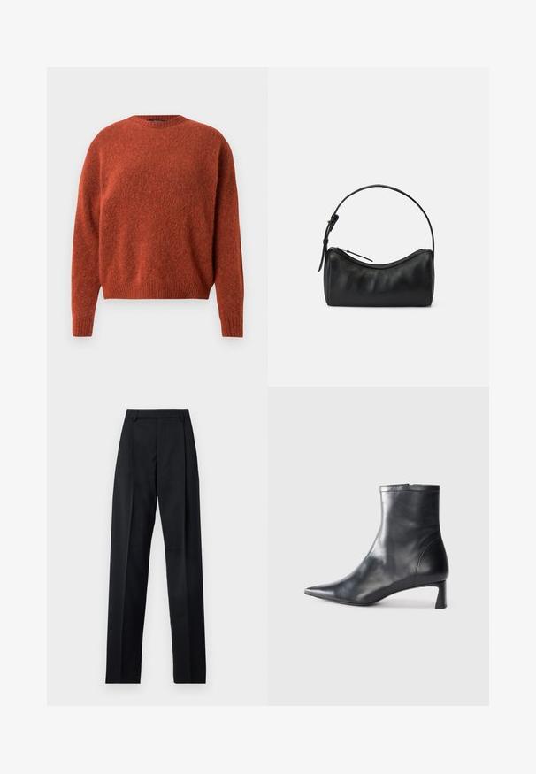Maglione lavorato a maglia color ruggine con scollo rotondo e polsini a coste. Il tessuto ha un aspetto morbido e strutturato. Nessun elemento hardware o motivo visibile.; Pantaloni neri realizzati in tessuto morbido, caratterizzati da vita alta, gambe larghe, pince frontali e classiche passanti per cintura. Non ci sono tasche laterali visibili.; Stivaletto in pelle nera con punta affusolata e design elegante. Presenta un tacco basso e una chiusura con zip sul retro. Texture liscia.; Borsa a tracolla in pelle nera con un design curvo, chiusura a zip e una tracolla sottile. Presenta una texture liscia e dettagli di cucitura discreti.