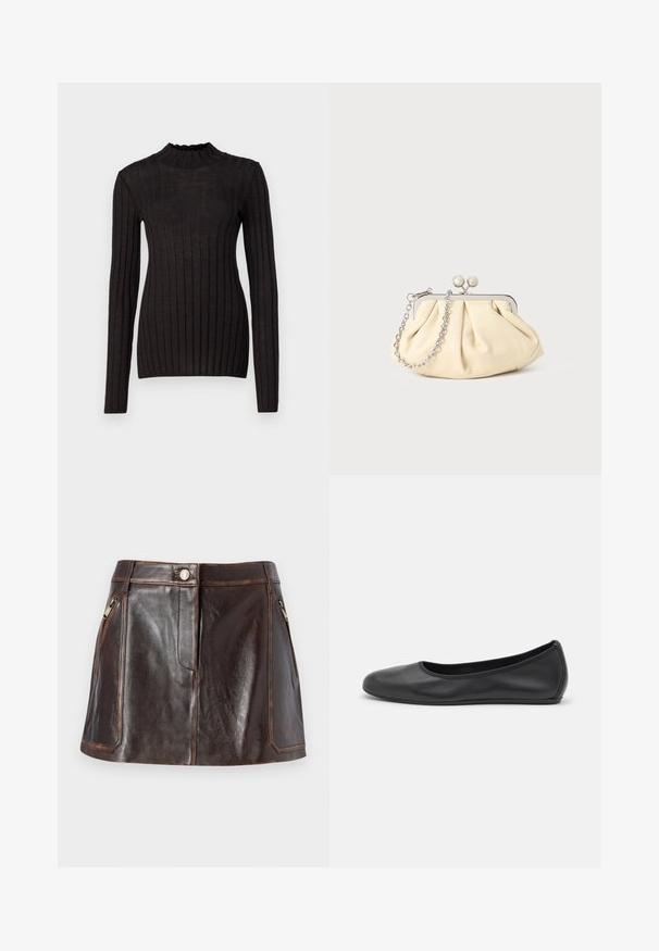 Sweater preto com riscas verticais, com mangas compridas e colarinho alto e ondulado. O tecido é suave, com um silhueta ajustada.; Saia mini em pele castanha com um design elegante, dois bolsos laterais com zíper e costuras em contraste ao longo das bordas.; Bailarina preta em pele com bico arredondado, textura suave, detalhe de costura minimalista e design de sola flexível.; Clutch de couro bege plissado com uma estrutura de metal prateado, apresentando dois fechos decorativos redondos e uma alça de corrente prateada.