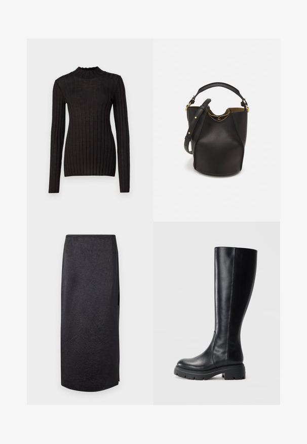 Melna ribota garām piedurknēm džemperis ar augstu, svārku apakšmalu. Audums ir gluds ar pieguļošu siluetu un vertikālām svītrām.; Melnā midi svārki ar krokotu tekstūru, taisnu griezumu un sānu izgriezumu. Materiāls izskatās viegls. Apakšmala ir nedaudz noapaļota.; Melnas ceļgalu augstas zābaki, kas izgatavoti no gludas ādas, ar noapaļotu purngalu un masīvu gumijas zoli ar zobratu rakstiem, kas nodrošina saķeri.; Melnas ādas spainīša somas ar teksturētu apdari, zelta metāla aksesuāriem un atvērtu augšu. Piedāvā īsu rokturi un regulējamu plecu siksnu.