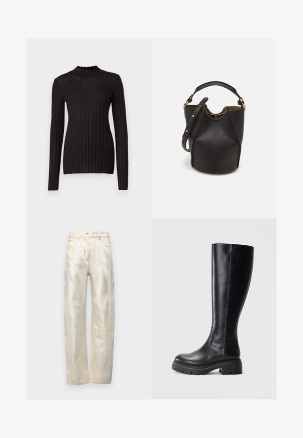 Pulover negru cu maneci lungi, cu guler înalt și volănașe. Materialul este neted, cu o siluetă ajustată și prezintă dungi verticale.; Jeans largi de culoare bej deschis, cu un luciu metalic, realizate din denim cu o textură netedă și un design standard cu cinci buzunare.; Cizme negre până la genunchi, realizate din piele netedă, cu vârf rotunjit și o talpă din cauciuc masivă, dotată cu un model de striții pentru aderență.; Geantă din piele neagră în stil bucket, cu un finisaj texturat, accente din metal auriu și un compartiment deschis. Dispune de o mânere scurtă și un curea de umăr ajustabilă.