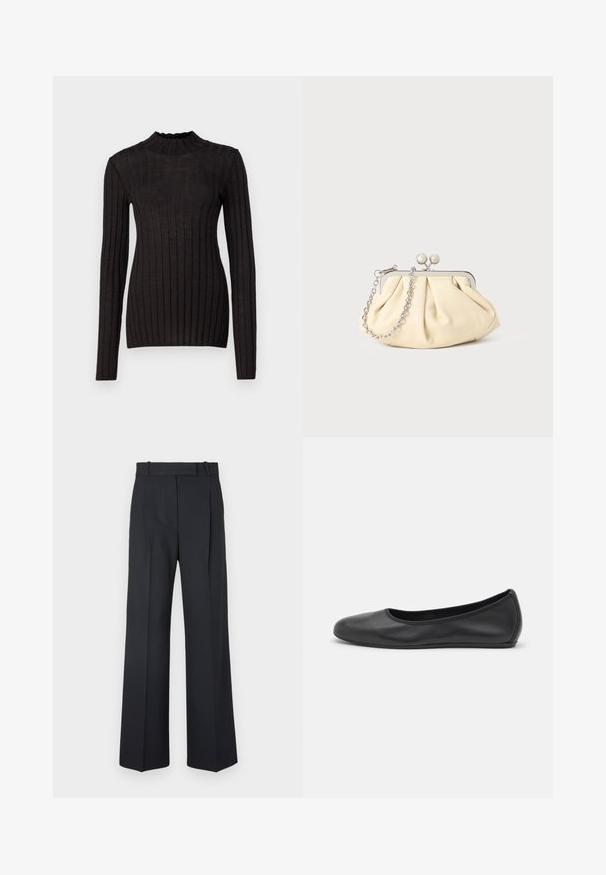 Fekete bordázott, hosszú ujjú pulóver magas, fodros nyakkal. Az anyaga sima, testhez simuló szabású, és függőleges csíkokkal rendelkezik.; Sötétkék csíkos nadrág magas derékkal, széles szárú kialakítással, látható fémrészletek vagy díszítések nélkül. Sima textúra és szabott fazon.; Fekete bőr balettcipő lekerekített orral, sima tekstúrával, minimális varrással és rugalmas talp kialakítással.; Pleátolt bézs bőr válltáska ezüst fém kerettel, két kerek díszcsattal és ezüst lánc pánttal.