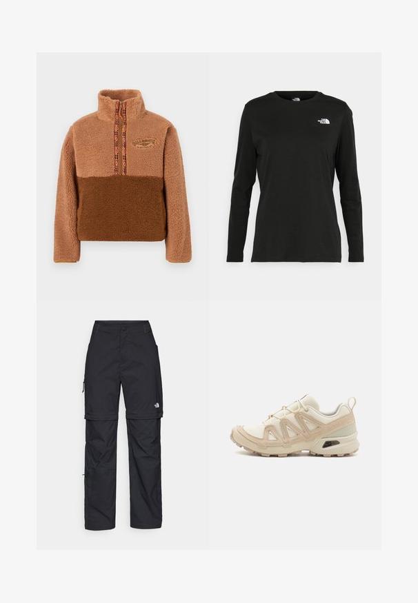 Brun fleecegenser med høy krage, utstyrt med glidelåslukking og flerfarget mønsterkant. Brodert logo på brystet.; Svart langermet T-skjorte laget av bomull med rund hals. Har en liten hvit logo på venstre brystområde. Enkelt design og passform.; Svarte nylon cargo-bukser med glidelås og justerbare mansjetter, flere lommer og en logo på høyre bein. Glatt, lett tekstur.; Beige og krem joggesko med teksturert mesh-overdel, støttende overlegg og gummisåle med et mønster for godt grep.