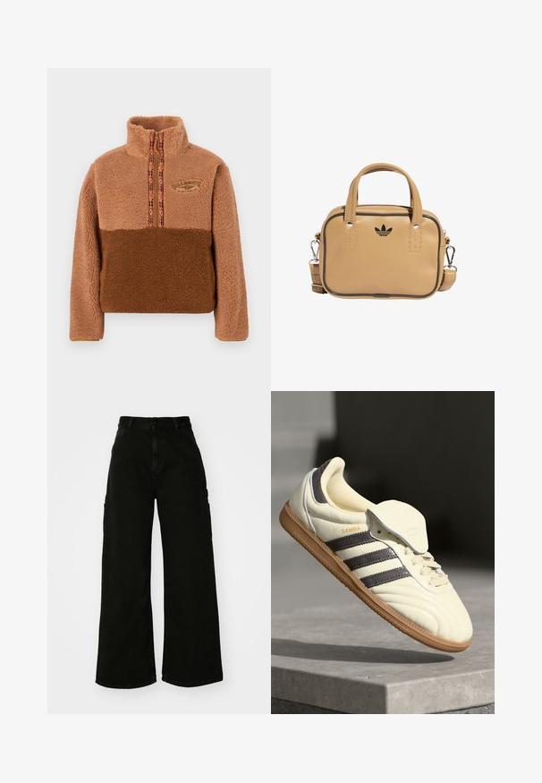 Maglione in pile marrone con collo alto, dotato di chiusura con zip e rifinitura decorata multicolore. Logo ricamato sul petto.; Pantaloni cargo neri a gamba larga in denim, con vita alta, chiusura frontale con bottone e tasche laterali. Texture liscia con cuciture minime.; Sneaker in pelle crema con tre strisce scure, suola in gomma marrone e punta arrotondata. Presenta una linguetta pieghevole etichettata "SAMBA".; Borsa in ecopelle color tan con due manici, tracolla removibile, cuciture nere a contrasto e un piccolo logo nero sul davanti.
