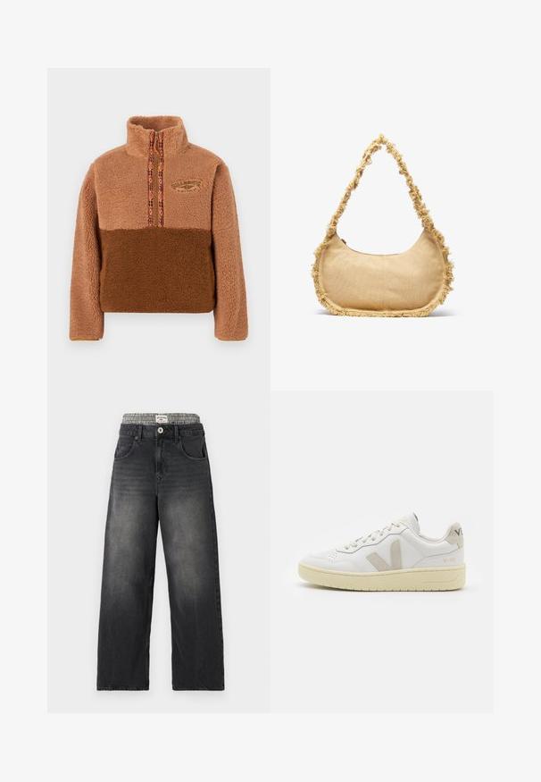 Brown fleece pullover with a high collar, featuring a zip closure and multicolored patterned trim. Embroidered logo on chest.; Black denim wide-leg jeans with a houndstooth patterned waistband. Features include front pockets and a button closure. Distressed texture.; White leather sneaker with beige suede accents, perforated toe box, flat laces, and a textured cream sole. Features subtle branding on heel.; Textured beige bag with a rounded shape, frayed trim along the edges, and a short strap for carrying. Zippered opening at the top.