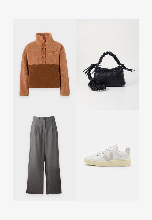 Brun fleecetrøje med høj krave, med lynlåslukning og flerfarvet mønstret kant. Broderet logo på brystet.; Videbenede bukser i mørkegrå stof med knaplukning, folder foran og glat tekstur. Ingen mønstre eller accenter synlige.; Hvide lærreds sneakers med beige ruskindsdetaljer, perforeret tåboks, flade snørebånd og en struktureret cremefarvet sål. Har diskret branding på hælen.; Sort kunstlæder håndtaske med krokodilteksur, indsnøret top og en sammenkrøben rem. Ser blød og kompakt ud i designet.