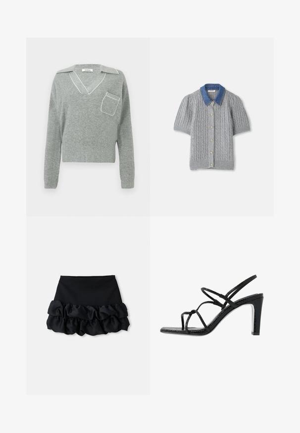 Grå strikket genser med v-hals og kontrasterende hvit kant, med en frontlomme og lange ermer. Lett tekstur.; Grå strikket kortermet cardigan med kabelmønster, med en denimkrage og fem gullknapper foran.; Svart mini-skjørt med et tettsittende topp og tre lag med volanger nederst, med en jevn tekstur og rene linjer.; Svarte hæler med tynne stropper, teksturert finish, åpen tå og et glatt, spisst hældesign. Har en myk innersåle og en blank overflate.