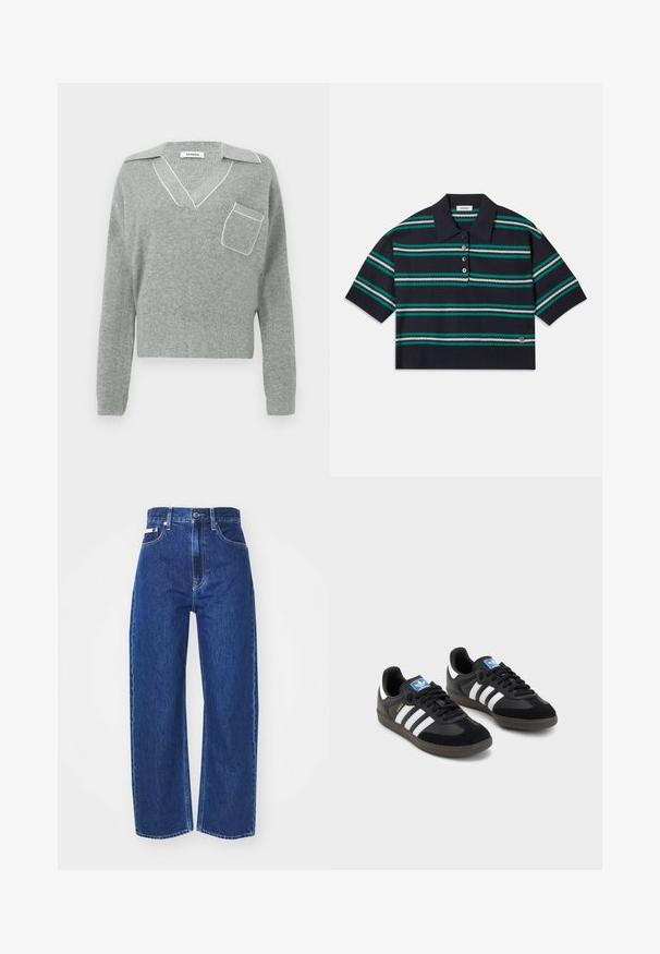Pull en tricot gris avec un col en V et des finitions blanches contrastantes, doté d'une poche avant et de manches longues. Texture légère.; Polo shirt rayé bleu marine à manches courtes, avec des rayures turquoise, blanches et grises. Patte de boutonnage à trois boutons et détail de logo sur l'ourlet.; Jean en denim bleu foncé avec une coupe droite, taille haute, poches avant et fermeture à bouton métallique. Tissu texturé avec des coutures visibles.; Des baskets noires avec une tige en suède et en matériaux synthétiques, dotées de trois rayures blanches, d'une semelle en caoutchouc texturé et d'une étiquette de logo bleue sur la languette.