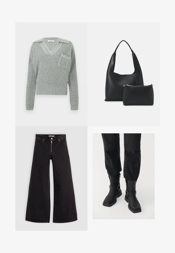 Grijze gebreide trui met een V-hals en contrasterende witte afwerking, met een voorkeurszak en lange mouwen. Lichtgewicht textuur.; Wijdvallende jeans van zwarte denim met een ritssluiting aan de voorkant, vijf zakken en subtiele stikdetails. Soepele textuur en casual stijl.; Zwarte leren enkelboots met een vierkante neus, voorzien van een brede band en metalen gespdetails. De boots hebben een chunky zool en een gladde textuur.; Even&Odd Handtas - black