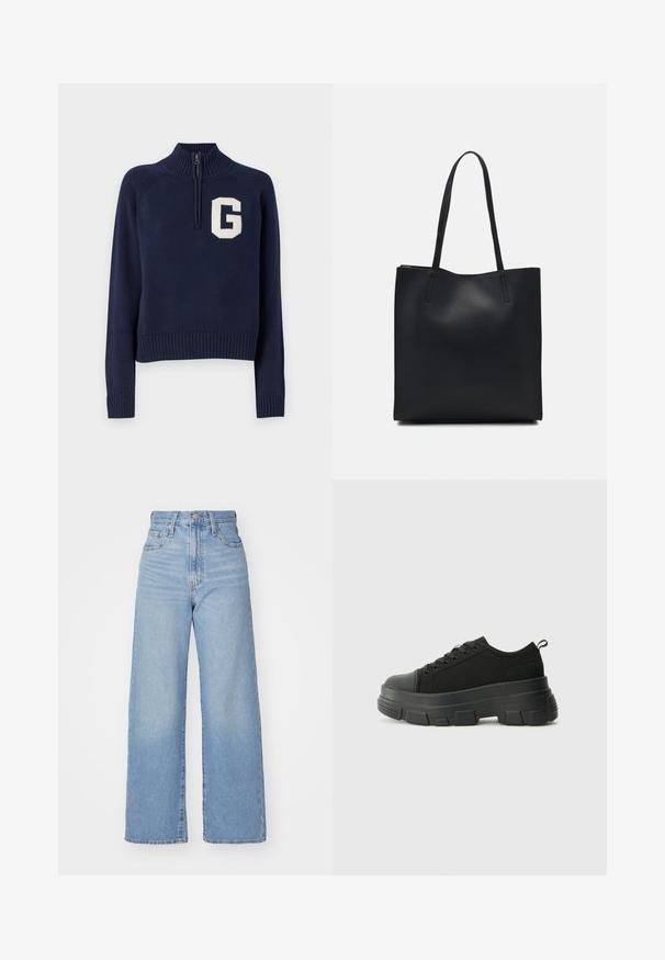 Marinblå stickad tröja med hög krage, halv dragkedja och ribbade ärmslut. Har en stor vit "G"-logotyp på bröstet.; Ljusblå högmidjade vida jeans med knapp- och dragkedjestängning, fram- och bakfickor, mot en vit bakgrund.; Svarta sneakers med en kraftig gummisula, texturerad tygöverdel, rund tå och snörning. Har förstärkta öglor och dragflik bak.; Svart lädertoffelväska med slät textur, rektangulär form och två långa handtag. Ingen synlig hårdvara eller dekorationer.