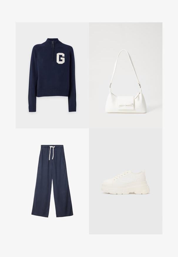 Laivaston sininen neulepusero, jossa on korkea kaulus, puolivetoketju ja ribatut hihat. Rinnassa on suuri valkoinen "G"-logo.; Tummansiniset leveälahkeiset housut, jotka on valmistettu pehmeästä, teksturoidusta kankaasta. Ominaisuuksiin kuuluu joustava vyötärö, jossa on naru ja sivutaskut.; Valkoinen kangaskenkä paksulla pohjalla, pyöreällä kärjellä ja viidellä nauhakuutiolla. Takareunan vipu helpottaa pukemista. Sileä pinta, minimalistinen muotoilu.; Valkoinen synteettinen käsilaukku, jossa on kolmikulmainen muoto, tasainen etu läppä ja nauhadetail, säädettävä olkahihna, sileä rakenne ja minimalinen muotoilu.