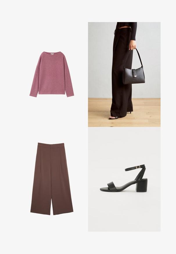 Långärmad, löst sittande tröja i mjukt rosa stickat material. Rundad halsringning och neddragen axelsöm, med en texturerad yta.; Bruna vida byxor med en slät textur, som har hög midja och framfickor. Tyget är lätt och flödar löst.; Svart klacksandals med en slät läderöverdel, öppen tå, breda framremmar och justerbart ankelband med en guldfärgad spänne.; Svart handväska med strukturerad form, slät yta och metallspänne. Matchad med vida svarta byxor och sandaler med öppen tå på trägolv.