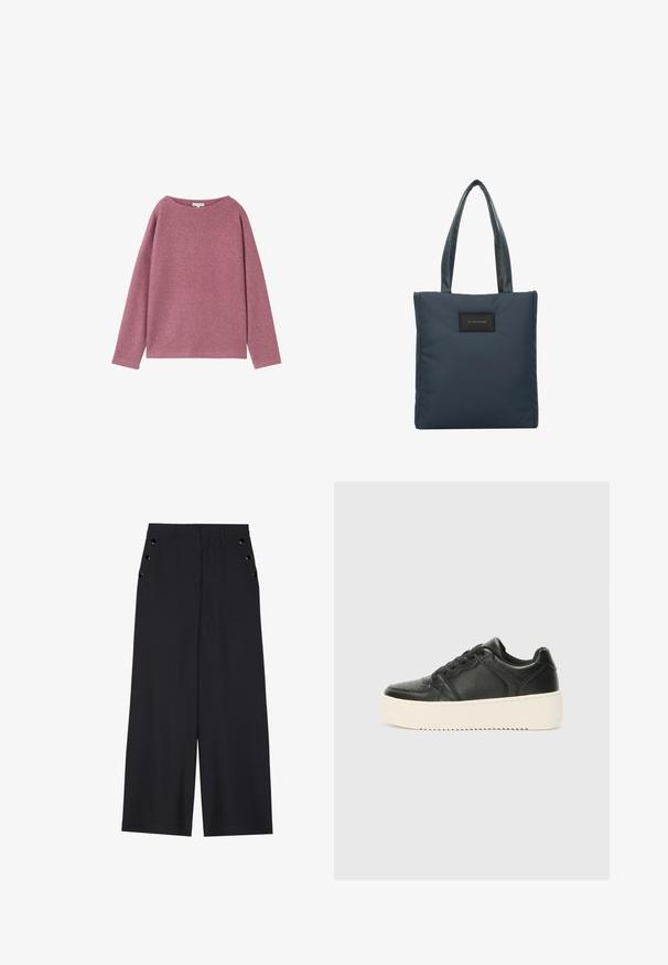 Dugih rukava, široki pulover od mekog ružičastog pletenog materijala. Okrugli izrez i spušteni ramena, s teksturiranim završetkom.; Hlače širokih nogavica od tamnoplave tkanine, s glatkom teksturom, prednjim ispupčenjima i dekorativnim zlatnim okovama na bočnim džepovima.; Crne kožne tenisice s glatkom teksturom, debeo kremasti đon, okrugli vrh i klasični dizajn vezanja. Suptilni detalji šavova.; Mornarsko plava torba od glatkog najlona, sa dva teksturirana ručka i crnim pravokutnim logotipom na prednjoj strani.
