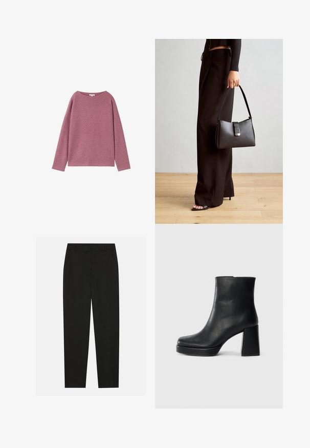 Suéter de manga larga y corte holgado en un suave tejido de punto color rosa pálido. Cuello redondo y hombros caídos, con un acabado texturizado.; Pantalones negros con un diseño ajustado, que cuentan con bolsillos laterales y pierna recta. Fabricados con una tela suave y liviana con un acabado elegante.; Botín de cuero negro con tacón cuadrado y suela de plataforma, visto de lado sobre un fondo blanco liso.; Bolso negro con forma estructurada, textura suave y un cierre metálico. Combinado con pantalones anchos negros y sandalias de dedo en un suelo de madera.