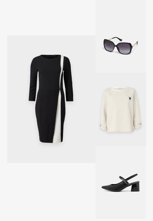 Maglietta a maniche lunghe beige e bianca a righe con scollatura arrotondata e un piccolo disegno a cuore nero sul petto. Polsini arrotolati.; Abito nero con maniche a tre quarti, caratterizzato da una striscia diagonale bianca. Realizzato in tessuto morbido, con vita aderente e lunghezza fino al ginocchio.; Décolleté in vernice nera con cinturino dietro, punta affusolata, design con ritagli arrotondati e tacco a blocco. Presenta un accento di fibbia tono oro.; Occhiali da sole neri oversize con lenti sfumate, montatura spessa e dettagli in catena dorata sulle astine.; Borsa a tracolla nera in materiale sintetico, con un design rettangolare semplice, dettagli quadri dorati e doppi manici.