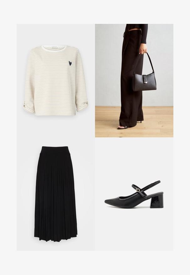 Maglietta a maniche lunghe beige e bianca a righe con scollatura arrotondata e un piccolo disegno a cuore nero sul petto. Polsini arrotolati.; Gonna nera plissettata con vita alta e elastica. Realizzata in tessuto morbido, presenta plissettature verticali per una silhouette fluida.; Décolleté in vernice nera con cinturino dietro, punta affusolata, design con ritagli arrotondati e tacco a blocco. Presenta un accento di fibbia tono oro.; Borsa nera con forma strutturata, texture liscia e una chiusura metallica. Abbinata a pantaloni neri larghi e sandali open-toe su un pavimento in legno.
