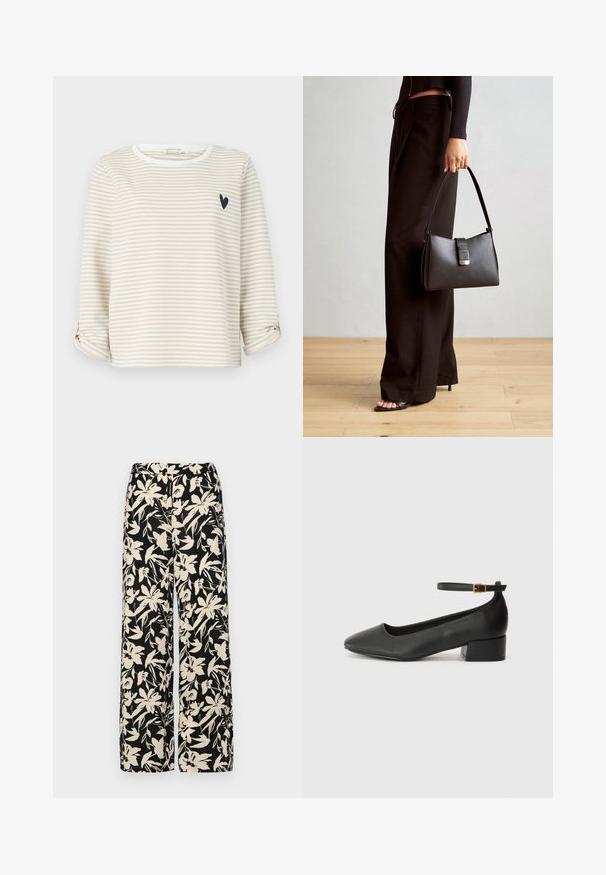 Beige en witte gestreepte top met lange mouwen, een ronde halslijn en een klein zwart hartontwerp op de borst. Opgerolde mouwmanchetten.; Zwart топ met korte mouwen van glad materiaal, voorzien van een peplum ontwerp en een riem in de taille met twee ronde, zilverkleurige knopen.; Zwarte wijde broek met een crèmekleurig bloemenpatroon. Gemaakt van lichtgewicht stof, met een zachte textuur en een hoge tailleband.; Zwarte leren pump met een spitse neus en een lage blokhak. Beschikt over een enkelband met een goudkleurige gespsluiting. Gladde textuur.; Zwarte handtas met gestructureerde vorm, gladde textuur en een metalen sluiting. Gecombineerd met brede zwarte broeken en sandalen met open teen op een houten vloer.