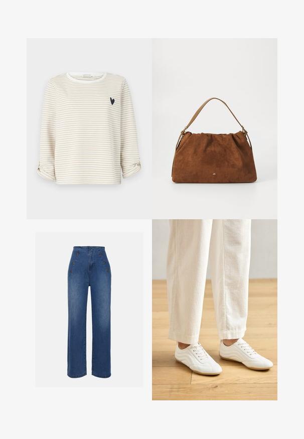 Pika pikkade varrukatega beež ja valge triibuline topp ümmarguse dekoltee ning väikese musta südamega kujundusega rinnal. Keeratud varrukaotsad.; Keskmise sinise värviga kõrge vöökohaga teksad. Omavad esipoolsete nööbiefekte ja laia jala disaini. Kanga tekstuur on sile ja kerge kulumisega.; Valged spordijalatsid siledast nahast tekstuuriga, nööpimissüsteemiga ja kontuurse disainiga. Kanda heledate beežide puuvillaste pükstega.; Pruun nubukist käekott, millel on kokku tõmmatud disain, ühesaanvärvilise naha rihmaga ja esiküljel peen kuldne logo detail.