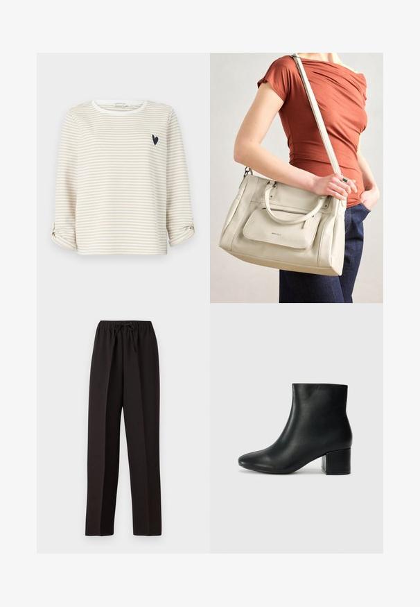 Langermet beige og hvitstripet topp med rund hals og en liten svart hjerte-design på brystet. Oppbrettede ermekanter.; Svarte, vide bukser med elastisk midje og justerbar snor. Laget av et glatt, lett stoff uten synlige mønstre.; Sorte skinn ankelsko med spiss tå og chunky hæl. Glatt tekstur med minimale detaljer og et elegant, tettsittende design.; Hvit skinnveske med doble håndtak og avtagbar stroppe, med en frontlomme med glidelås og glatt tekstur. Bært på en persons arm.