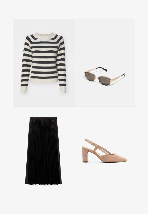 Gestreifter Pullover mit schwarzen und cremefarbenen horizontalen Streifen, gerippte Bündchen und Saum, runder Ausschnitt und weicher Textur. Mittel-lange Ärmel.; Schwarzer, plissierter Midirock aus strukturiertem Stoff, der mit vertikalen Falten und einem taillierten Bündchen ausgestattet ist und eine fließende Silhouette bietet.; Beige Leder Slingback-Absätze mit einer spitzen Zehenform, Blockabsatz und einem Riemen mit einer kleinen goldenen Schnalle. Glatte Textur, minimalistisches Design.; Rechteckige Sonnenbrille mit goldfarbigem Metallrahmen und dunklen Gläsern. Akzentuiert durch schlanke schwarze Bügel, die ein minimalistisches Design zeigen.; Schwarze Lederhandtasche mit strukturiertem Design, ausgestattet mit einem goldenen, runden Logo, einem oberen Griff und einem abnehmbaren Schultergurt.; Goldenes rechteckiges Uhrenarmband mit einem weißen Ziffernblatt, minimalistischen Stundenmarkierungen und einem Metallmeshband. Verfügt über eine seitliche Krone zur Zeiteinstellung.