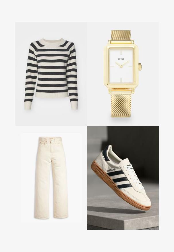 Gestreifter Pullover mit schwarzen und cremefarbenen horizontalen Streifen, gerippte Bündchen und Saum, runder Ausschnitt und weicher Textur. Mittel-lange Ärmel.; Beige weite Jeans aus Baumwoll-Denim. Merkmale umfassen eine hohe Taille, Knopfverschluss und Fünf-Taschen-Design. Glatte, langlebige Textur.; Weiße Wildleder-Sneaker mit marineblauen Streifen, Gummisohle, strukturiertem Obermaterial, runder Zehenform und Schnürung; mit Branding an der Seite und auf der Zunge.; Goldenes rechteckiges Uhrenarmband mit einem weißen Ziffernblatt, minimalistischen Stundenmarkierungen und einem Metallmeshband. Verfügt über eine seitliche Krone zur Zeiteinstellung.