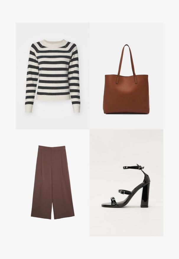 Gestreifter Pullover mit schwarzen und cremefarbenen horizontalen Streifen, gerippte Bündchen und Saum, runder Ausschnitt und weicher Textur. Mittel-lange Ärmel.; Braune Weite-Leg-Hosen mit einer glatten Textur, hoher Taille und Vorderfalten. Der Stoff ist leicht und fällt locker.; Schwarze patentierte Sandalen mit Absatz, quadratischer Spitze, Knöchelriemen und silbernen Schnallen. Mit einem stabilen Blockabsatz für mehr Stabilität.; Braune Leder-Tote mit glatter Textur, offenem Oberteil und zwei Schulterriemen. Verfügt über minimale Nähte und keine sichtbaren Beschläge.
