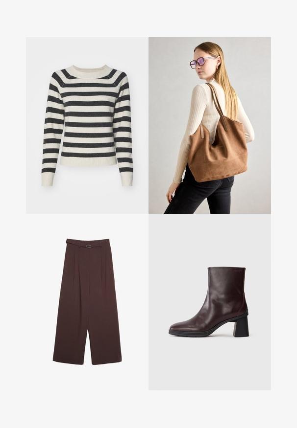 Sweter w paski z czarno-kremowymi poziomymi paskami, ribbowymi mankietami i dołem, okrągłym dekoltem oraz miękką fakturą. Rękawy o średniej długości.; Stradivarius - Spodnie materiałowe; Ciemnobrązowy skórzany botek sięgający kostki z blokowym obcasem i okrągłym noskiem, wyeksponowany na jednolitym jasnoszarym tle.; Brązowa torebka typu tote wykonana z zamszu o miękkiej teksturze, z dużym otwarciem i długimi paskami. Charakteryzuje się prostym designem z widocznymi szwami i bez elementów metalowych.