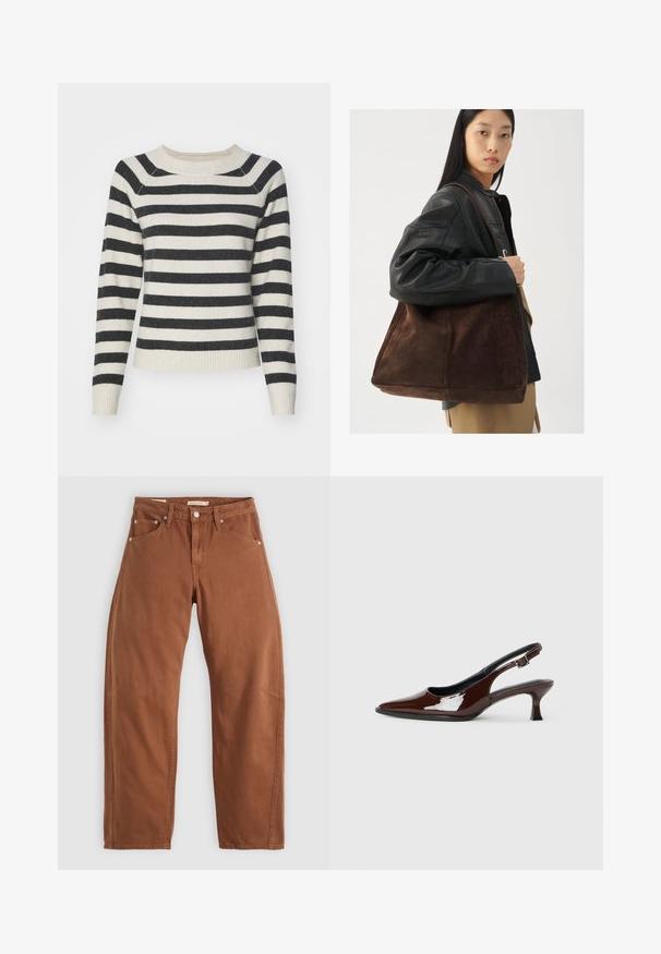 Gestreepte trui met zwart en roomkleurige horizontale strepen, ribgebreide manchetten en zoom, ronde halslijn en zachte textuur. Midsleeves.; Roestbruin rechte jeans met voor- en achterzakken, metalen klinknagels, knoopsluiting en riemlussen, plat neergelegd op een witte achtergrond.; Bruine gepatineerde leren slingback-schoen met een spitse neus en een gematigd hakje. Voorzien van een gespsluiting voor een veilige pasvorm. Glad van textuur.; Bruine suède tote bag met een brede vorm en zachte textuur, voorzien van een enkele schouderband en minimale hardware tegen een neutrale achtergrond.
