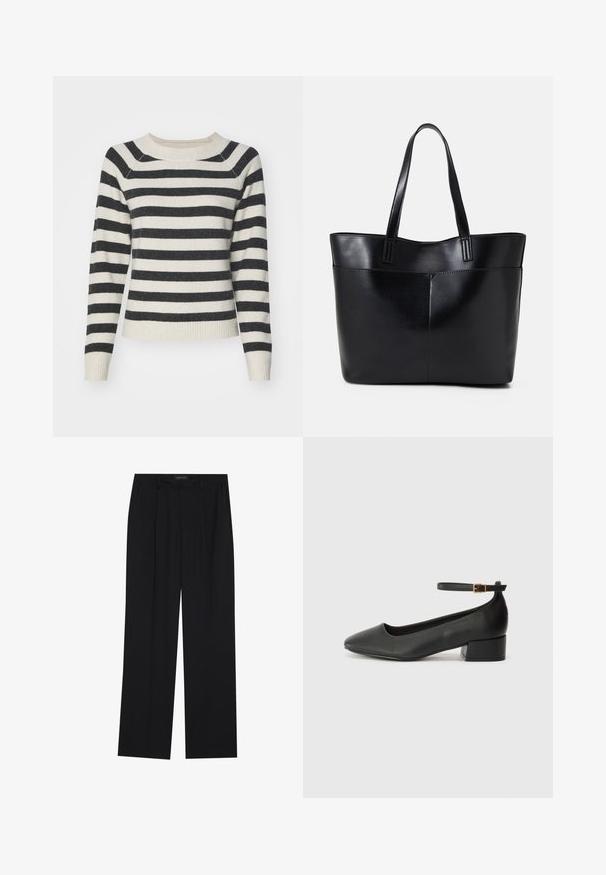 Striped sweater with black and cream horizontal stripes, ribbed cuffs and hem, round neckline, and soft texture. Mid-length sleeves.; Black trousers with a straight-leg design, featuring two front pockets and a waistband. Made from a smooth, lightweight fabric.; Black leather pump with a pointed toe and a low block heel. Features an ankle strap with a gold-tone buckle. Smooth texture.; Black leather tote bag with two long handles, a smooth texture, and a structured shape. Features a front pocket for additional storage.