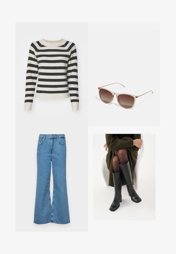 Gestreepte trui met zwart en roomkleurige horizontale strepen, ribgebreide manchetten en zoom, ronde halslijn en zachte textuur. Midsleeves.; Lichtblauwe flared jeans van denim, met een hoge taille, vijf zakken en een enkele knoopsluiting. Zachte textuur met een vervaagde afwerking.; Knieschijf hoge zwarte leren laarzen met een vierkante neus en blokhak, getoond met een model dat zit in een olijfgroene jas. Gladde textuur, minimale details.; Bruine gradient zonnebril met een doorzichtig roze montuur, vierkante vorm en dunne metalen armen. Heeft afgeronde hoeken en minimale details.