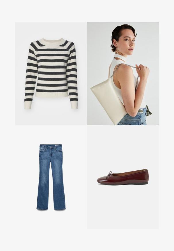 Prúhovaný sveter s čiernymi a krémovými horizontálnymi pruhmi, s rebrovanými manžetami a spodným okrajom, okrúhlym výstrihom a jemnou textúrou. Sveter má stredne dlhé rukávy.; Modré denimové zvonové džínsy so stredne vysokým pásom, dvoma prednými vreckami a prešitým pásom. Mäkka textúra a tradičný dizajn s piatimi vreckami.; Burgundské lakované balerínky s okrúhlou špičkou, malou mašľou na prednej strane a nízkou čiernou gumovou podrážkou. Hladký povrch.; Biely obdĺžnikový kabelka z lesklého materiálu s strieborným reťazovým popruhom. Model predvádza kabelku na jednotnom pozadí.