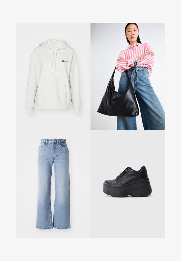 Levi's® LSEGRAPHIC STANDARD - Sweatshirt - lemon egret; Lyseblå høyt liv vide jeans med front- og baklommer, knappelukking og subtile falminger på lårene og kanten.; Sorte snøresko med tykk såle, med et glatt læroverdel, rund tå og distinkt lagdelt plattformdesign.; Svart skinn skulderveske med en avslappet form og sømdetaljer. Modellen har på seg en rosa og hvit stripete skjorte med vide blå jeans.