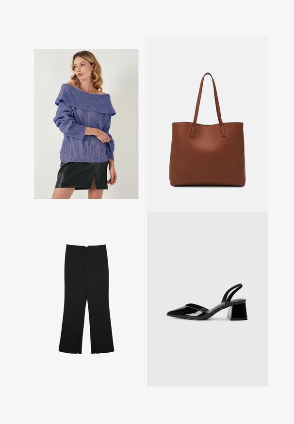 Violetti ribbattu neulepusero, jossa on olkaimeton kaula-aukko ja käänteet, yhdistetty mustaan nahkainen mini-hameeseen, jossa on etuaukko.; Mustat housut suoralinjaisella leikkauksella, joissa on etutaskut ja sivurei'ät helman alla. Valmistettu pehmeästä ja sileästä kankaasta. Sopii eri tilaisuuksiin.; Mustat patentoitu nahkakengät, joissa on säären takaosa ja terävä kärki, sekä geometrinen palikkakorko. Sisältää tyylikkään, minimalistisen muotoilun ja sileän pinnan.; Ruskea nahkainen olkalaukku, jossa on sileä pinta, avoin yläosa ja kaksi olkahihnaa. Omaavat vain minimaalisen ompelun eikä näkyvää metalliosaa.