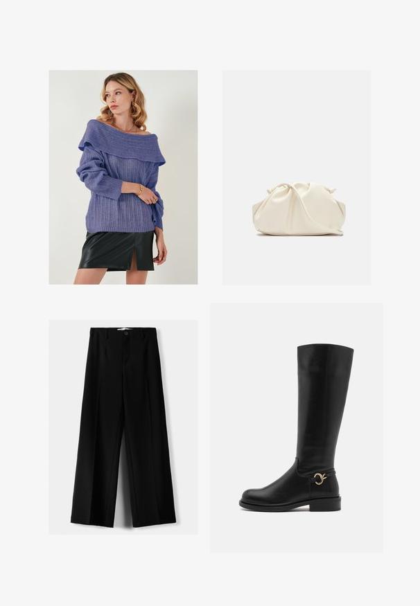 Pulover tricotat violet cu guler asimetric și manșete răsucite, asociat cu o fustă mini din piele neagră, cu o fanta frontală.; Pantaloni negri cu picior larg, fabricați dintr-un material ușor, cu închidere frontală cu nasture și față plată, având tivuri cusute cu atenție.; Anna Field Wide Fit Cizme - black; Geantă din faux leather de culoare crem, moale, cu un design pliat, bretele ajustabile și un închizător discret cu șnur. Textură netedă și formă rotunjită.; Cercei din argint cu suprafețe rotunjite și reflectorizante; design minimalist cu textură netedă și detaliu subtil de branding.