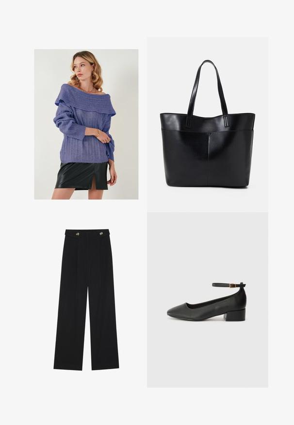 Violetti ribbattu neulepusero, jossa on olkaimeton kaula-aukko ja käänteet, yhdistetty mustaan nahkainen mini-hameeseen, jossa on etuaukko.; Mustat leveälahkeiset housut, joissa on korkea vyötärö, napit vyötärönauhassa ja etupuolella laskokset.; Mustat nahkakengät, joissa on terävä kärki ja matala lohkare korko. Varustettu nilkkahihnalla, jossa on kultasävyinen solki. Lisää sileä pinta.; Musta nahkainen kassi, jossa on kaksi pitkää kahvaa, sileä pinta ja jämäkkä muoto. Sisältää etutaskun lisävarastointia varten.