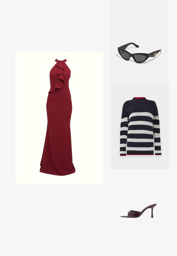 Pulover prugasti u mornarsko plavoj i bijeloj boji s rebrastom teksturom, s visokim ovratnikom i crvenim akcentima na ovratniku i rubu.; Burgundska halter haljina s volanima sa strane; silueta koja se prilagođava tijelu; izrađena od glatkog, rastezljivog materijala; dužina do poda.; Burgundski visoki mule s kvadratnim vrhom, napravljeni od glatke kože. Imaju elegantan, minimalistički dizajn i suženi potpeticu.; Naočale u obliku mačjih očiju s okvirom od mat crne plastike, tamnim lećama i zlatnim logotipom na sljepočnici. Kutni dizajn i glatka tekstura.; Michael Kors novčanik na zapešću u bež premazanoj tkanini s ponavljajućim uzorkom MK loga, zlatnim hardverom i odvojivim lancem za nošenje.