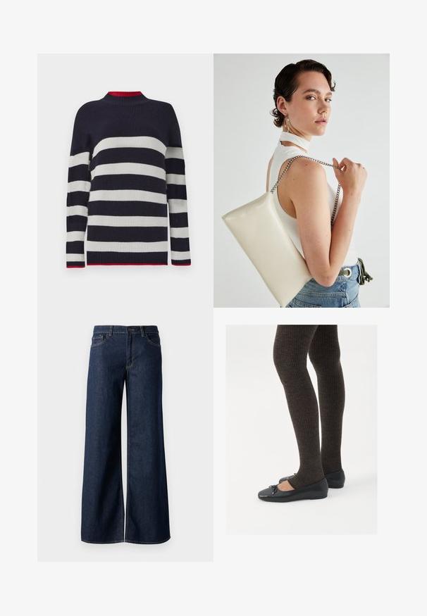 Navy and white striped sweater with a ribbed texture, featuring a high collar and red accents at the collar and hem.; Wide-leg jeans in dark blue denim. Features contrast stitching, five pockets, and a button closure at the waist. Smooth texture.; Black flat shoes with a small bow detail at the toe, paired with dark brown ribbed tights. Shoes have a smooth texture and low profile.; White rectangular clutch bag made of glossy material, featuring a silver chain strap. Model poses, showcasing the bag against a plain background.