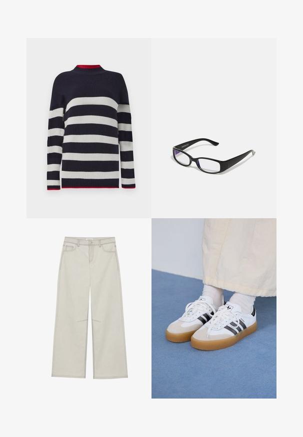 Navy and white striped sweater with a ribbed texture, featuring a high collar and red accents at the collar and hem.; Light gray wide-leg pants with five pockets, front button closure, and contrast stitching along seams. Fabric appears soft and durable.; White sneakers with black stripes and beige suede accents. Feature a textured gum sole and flat white laces, worn with light-colored socks.; Black rectangular glasses with clear lenses. Glossy finish, narrow arms, and purple tint visible at the edges of the lenses.