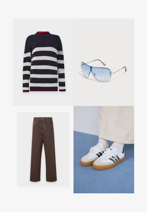 Tamsiai mėlynas ir baltas dryžuotas megztinis su šonkauliais, turintis aukštą apykaklę ir raudonus akcentus apykaklėje bei apatine krašte.; Rudos plačios kojų džinsai su kontrastingomis siūlėmis, penkiais kišenėmis ir metaliniu mygtuko uždarymu. Lygus paviršius, tiesus kirpimas.; Baltos sportbačiai su noir juostomis ir šviesiai rudos zomšos akcentais. Yra tekstūruota gumos padas ir plokščiomis baltomis raištelėmis, dėvimi su šviesiai spalvotomis kojinėmis.; Aviatoriai akiniai su gradientiniais mėlynais objektyvais, sidabriniu metaliniu rėmu ir dekoratyvinėmis žvaigždžių akcentais ant objektyvų. Lygaus ir stilingo dizaino.