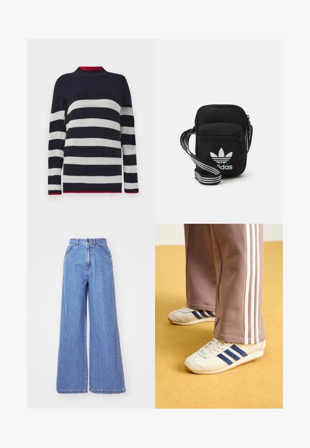 Marineblå og hvid stribet sweater med ribbet struktur, der har en høj krave og røde detaljer ved kraven og kanten.; adidas Originals Jeans Straight Leg - light denim; Creme sneakers med blå ruskindstriber, hvide snørebånd og gummisål. Parret med grå sweatpants med hvide sidestiber.; Sort stof crossbody tas med lynlås, der har et hvidt Adidas-logo og en stribet justerbar rem for nem bæring.