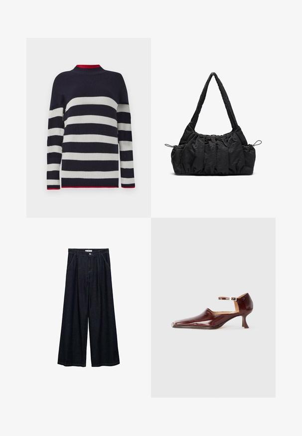 Navy- und weiße gestreifte Pullover mit geripptem Muster, ausgestattet mit einem hohen Kragen und roten Akzenten am Kragen und Saum.; Dunkelblaue, weite High-Waist-Hosen aus Denim mit einem Knopfverschluss vorne, zwei Seitentaschen und Nähdetails.; Burgunderfarbenes Lackleder-Schuhwerk mit einer spitzen Zehe, Knöchelriemen und einem 5 cm hohen, konisch zulaufenden Absatz. Glatte Textur und minimalistisches Design.; Schwarze Stoffhandtasche mit geraffter Textur, zwei Schulterträgern und Kordelzugverschluss an den Seiten. Glattes, leichtes Material.