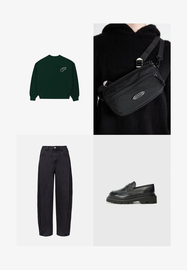 Tamsiai žalia ilgaaodė megztinė su raukiniais ant rankovių ir apatinio krašto, su mažuoju šviesiu kursyvu užrašytu "P" logotipu viršutinėje kairėje krūtinės pusėje.; Juodos plačios džinsinės kelnės iš lygios tekstūros džinsinio audinio. Turi aukštą liemenį, priekinės kišenes ir mygtuko uždarymą liemens srityje.; Juodos odinės loafer tipo avalynės su apvaliu pirštu, turinčios žemą, masyvų guminį pado su raštu ir sulankstytą dirželį ant priekio.; Juodas nailono per petį nešiojamas krepšys su reguliuojama juosta, turintis lygią tekstūrą, priekinį užtrauktuką ir logotipo akcentą.