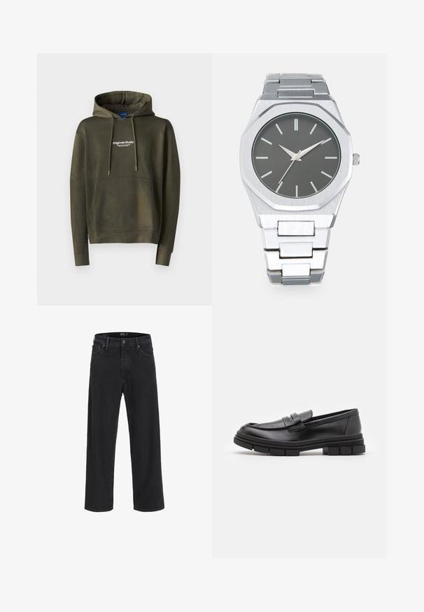 Jack & Jones JORVESTERBRO - Sweatshirt - khaki; Black straight-leg denim jeans with button and zipper closure, belt loops, and front and back pockets.; Black leather loafers with a smooth finish, featuring a front strap detail and a chunky rubber sole with grooved accents.; Silver analog watch with an octagonal case, gray dial, silver hour markers, and a stainless steel link bracelet. Minimalist design with smooth texture.