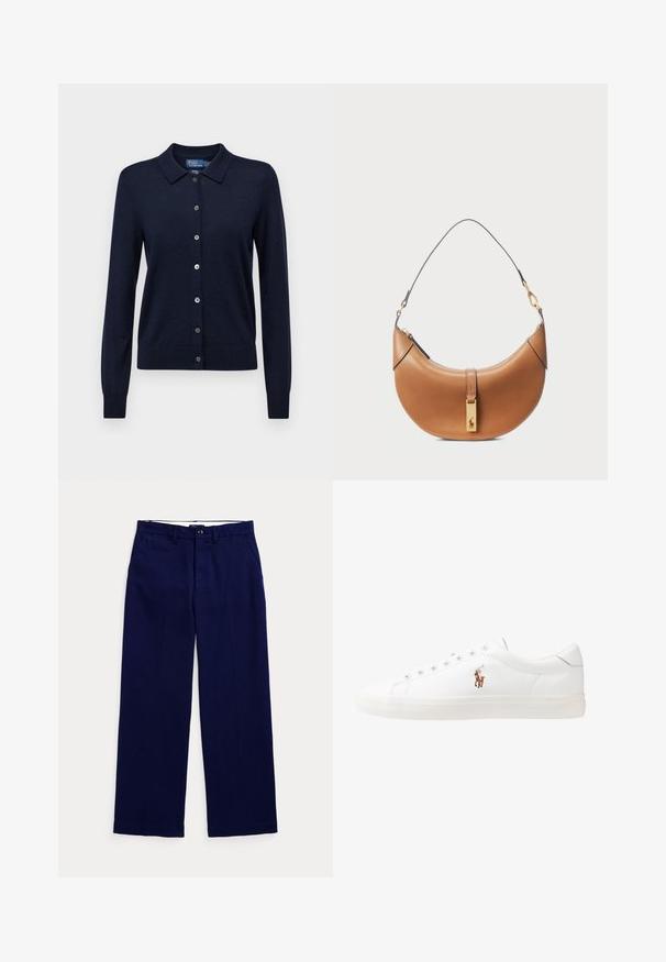 Polo Ralph Lauren LONG SLEEVED CARDIGAN - Cardigan - hunter navy; Marineblå lige ben bukser med bæltestropper, knaplukning og sidelommer på en ensfarvet lys baggrund.; Hvide lædersneakers, lavtop design, med en glat tekstur, rund tå, snørret front og et lille broderet logo på siden.; Brun læder håndtaske med en buet form, guldbelægning og en tynd skulderrem. Har en lynlåslukning og logo detalje foran.