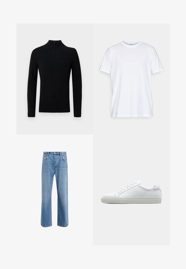 Sort pullover med høj krave, der har en kort lynlås ved halsen. Lavet af blødt strikket materiale, uden synlige mønstre.; Hvid bomulds t-shirt med korte ærmer, rund crew halsudskæring og afslappet pasform. Har et minimalistisk design uden mønstre eller accenter.; Lyseblå denim jeans med lige ben-design, fem lommer, knaplukning, minimal falming og kontraststingdetaljer.; Hvide sneakers med en glat læderoverdel og lav profil. Har en rund tå, seks snørehuller og en tekstureret gummisål.