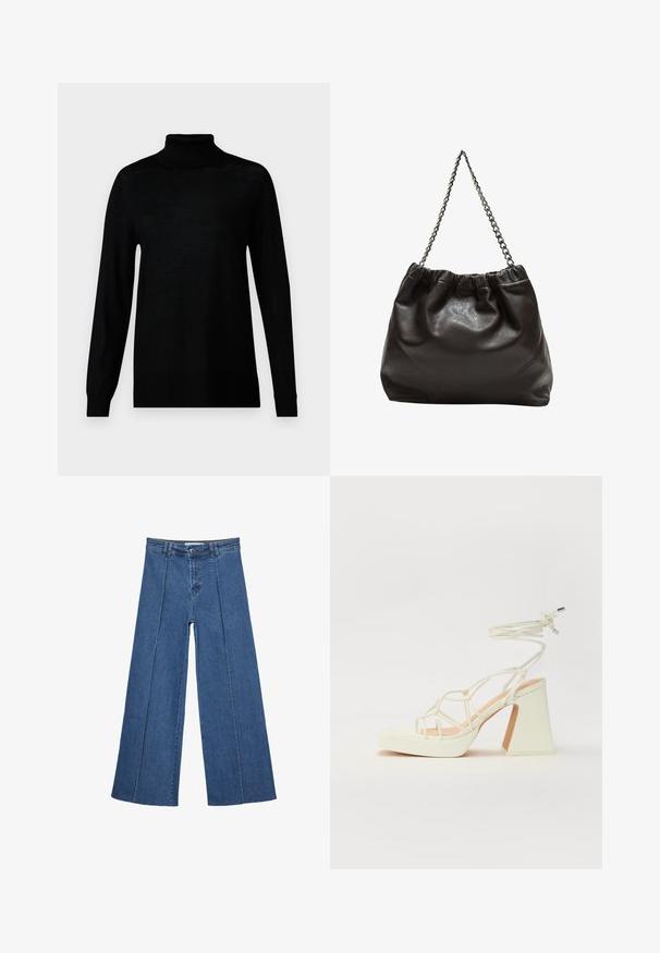 Čierny rolák vyrobený z mäkkej pleteniny, s dlhými rukávmi a priliehavým strihom. Bez viditeľných vzorov alebo kovania.; Rovné džínsy s širokými nohavicami v strednom modrom odtieni, so zvýšeným pásom, zapínaním na gombík a kontrastnými vertikálnymi švami pozdĺž prednej strany.; Biele sandále na vysokom opätku s hrubým podpätkom, s pruhovaným dizajnom a viazaním na členku. Hladký povrch s platformou vpredu pre zvýšenú výšku.; Hnedá kožená taška so zberaným vrchom a reťazovým popruhom. Hladký povrch s lesklým finišom a jemným švom po stranách.