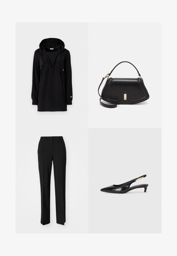 Hanorac negru cu glugă, mâneci lungi, guler în V, buzunare frontale și circuite decorative de-a lungul gulerului. Confecționat dintr-un material moale, texturat.; Pantaloni negri tailor-ed cu un design drept, având o textură fină și cute clare pe față. Fără elemente de prindere vizibile.; Sandale slingback din piele neagră cu vârf ascuțit, având un toc subțire și un accent de culoare aurie pe curea ajustabilă. Textură netedă.; Geantă de umăr din piele neagră, cu un design structurat, având o formă tăiată, mânere superioare și accente din aur. Include o curea de umăr ajustabilă.