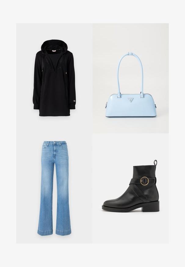 Felpa nera con cappuccio, maniche lunghe, scollatura a V, tasche frontali e borchie decorative lungo il collo. Realizzata in un morbido tessuto texturizzato.; Jeans a gamba larga di colore blu chiaro con vita alta, realizzati in denim. Presentano una chiusura con bottoni, una leggera abrasione minima e orli arrotolati.; BOSS IRYNA BOOTIE - Stivaletti con plateau - black; Borsa a mano azzurro chiaro con forma strutturata, materiale in pelle liscia, due manici e logo triangolare sul davanti. Chiusura con zip.