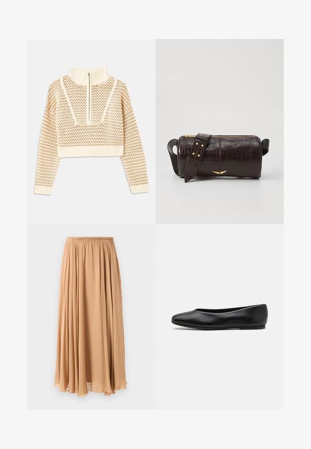 Svetlo béžový skrátený sveter so zipsovým vysokým golierom, s textúrovaným vzorom a rebrovanými manžetami a spodným lemom. Kombinuje pletené a tkané materiály.; Maxi sukňa v svetlej béžovej farbe, vyrobená z voľného materiálu. Má zhrnutý elastický pás a jemné záhyby pre pohodlný pohyb.; Paul Smith TOPANGA - Balerínky - black; Hnedá taška z kože s embosovaným vzorom krokodíla, cylindrického tvaru, so zlatými hardvérovými doplnkami a odnímateľným popruhom so štítkami.