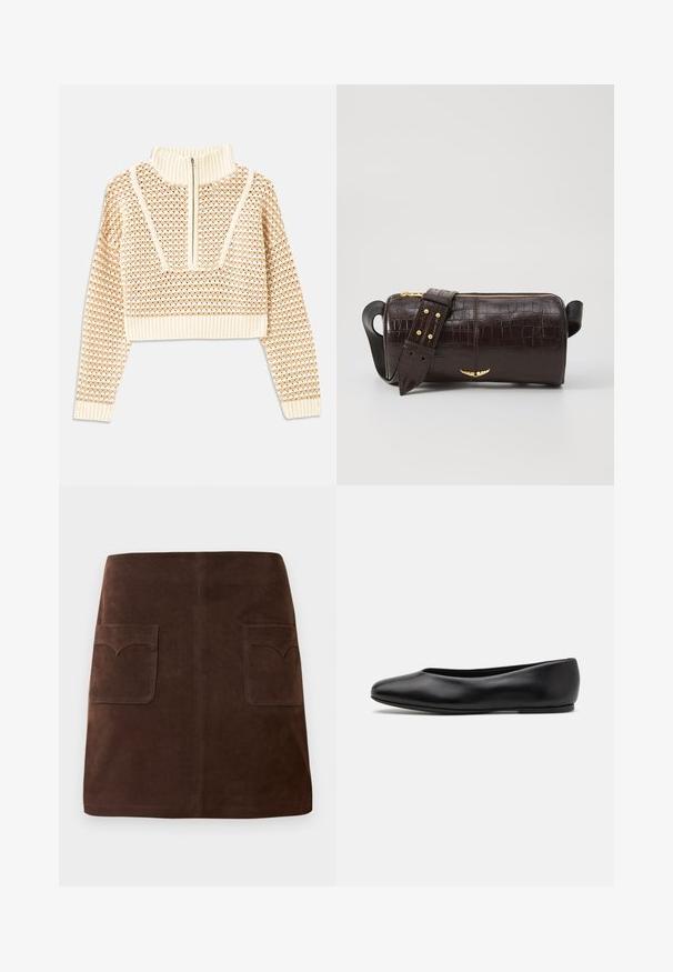 Jasnobeżowy krótki sweter z zapięciem na zamek błyskawiczny przy kołnierzu w stylu stójki, z teksturowanym wzorem oraz prążkowanymi mankietami i dołem. Łączy materiały dziane i tkane.; Brązowa zamszowa spódnica w klasycznym kształcie A, z dwiema przednimi kieszeniami z zaokrąglonymi klapami i subtelnymi detalami szewnymi.; Paul Smith TOPANGA czarny; Brązowa torba ze skóry z tłoczeniem krokodyla w kształcie cylindrycznym, z metalowymi elementami w kolorze złotym oraz odczepianym paskiem z ćwiekami.